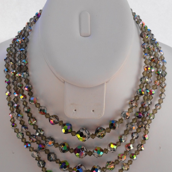 Vintage Jewelry - Vtg AB Green Crystal Necklace Multi Strand Faceted